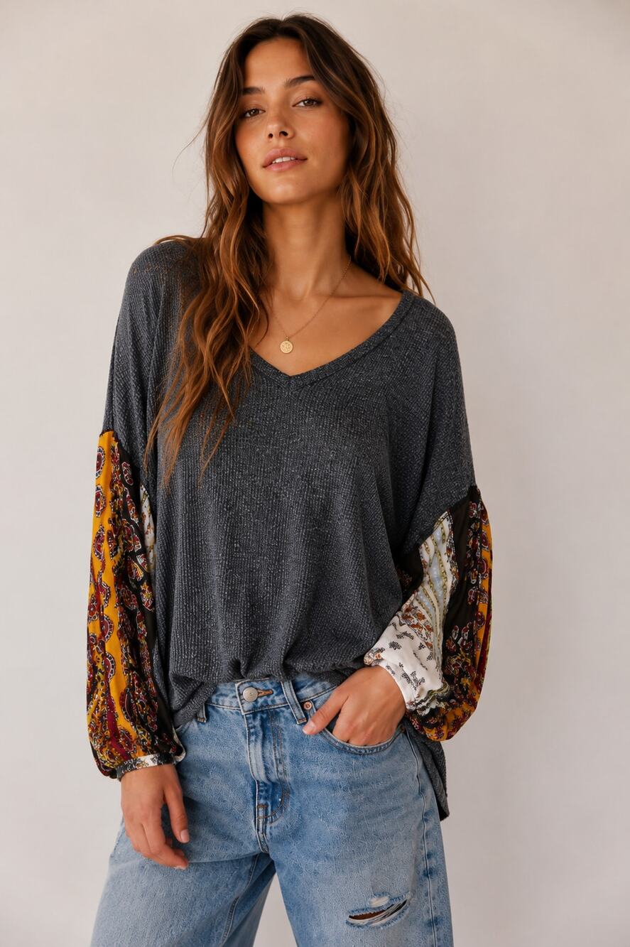 Free People SZ XS Blossom Thermal Patchwork Top Charcoal Gray